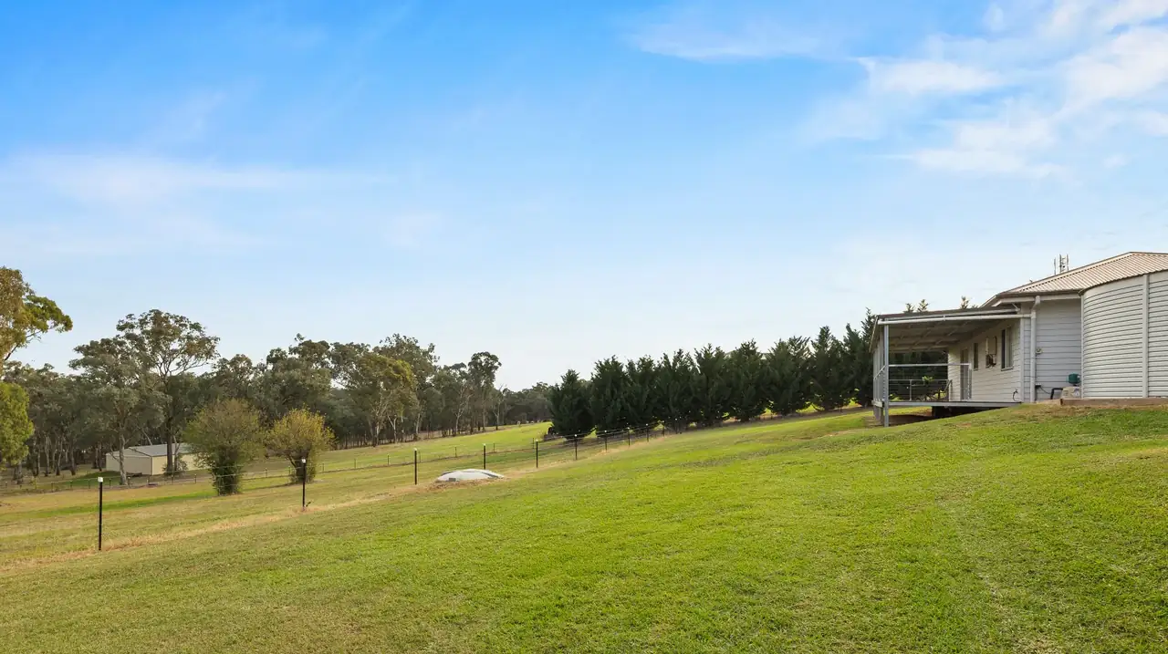 Wide mown lawn sloping away from the house toward a fence line and gum trees