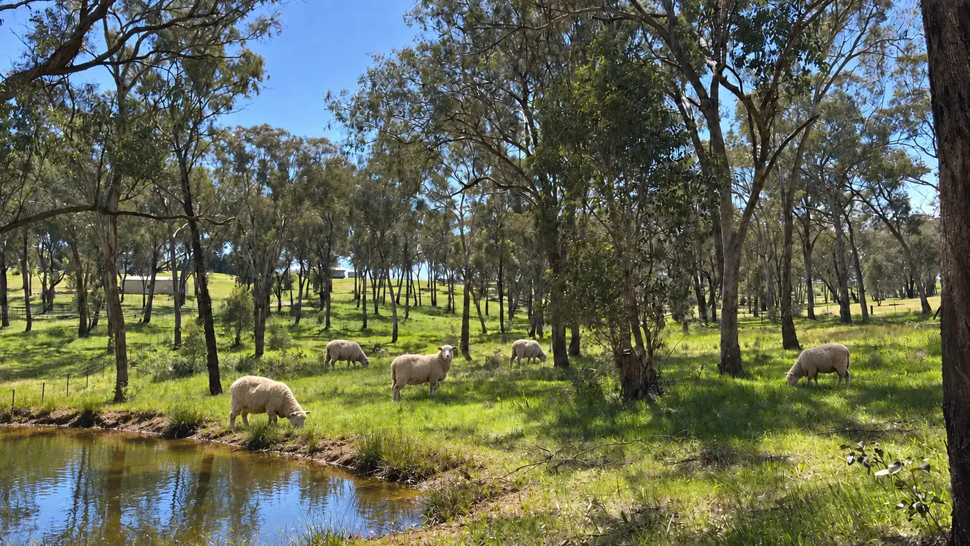 A visualisation of a farm dam among open eucalypt woodland with sheep grazing nearby